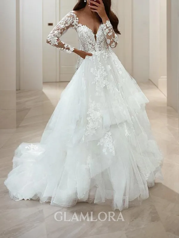 A-line Princess V-Neck Long Sleeves Sweep Train Flattering Tulle Wedding Dress
