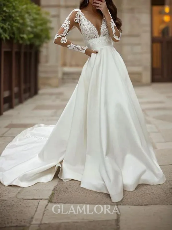 Graceful A-line V-Neck Long Sleeves Court Train Satin Wedding Dress