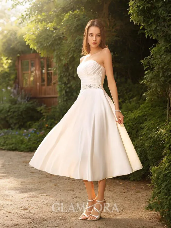 A-line Sweetheart Sleeveless Classic Tea-Length Satin Wedding Dress With Beading