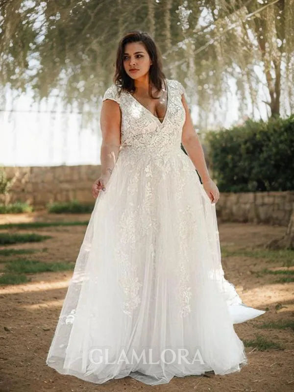 Timeless A-line Princess V-Neck Short Sleeves Sweep Train Tulle Wedding Dress With Applique