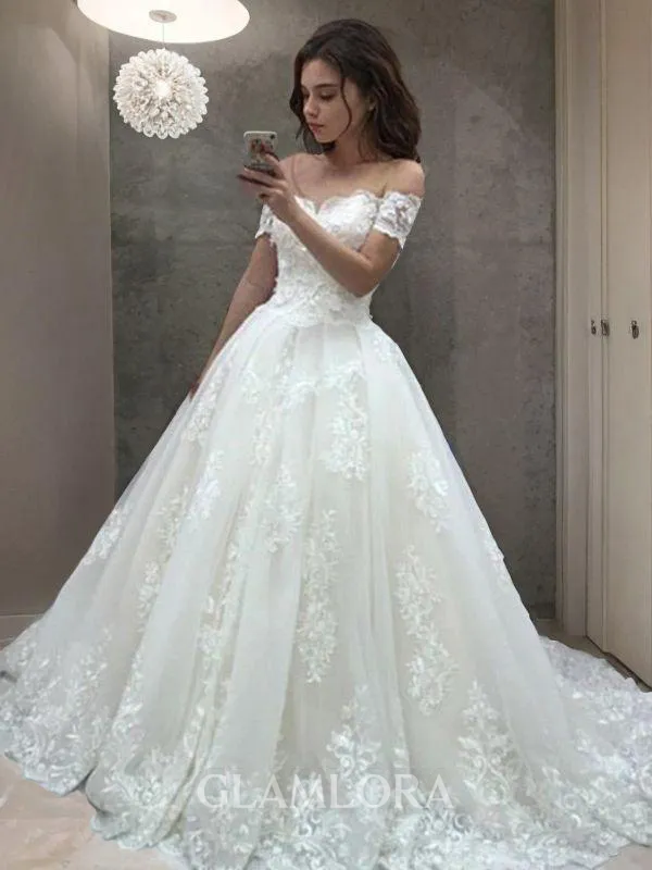 A-line Princess Off-the-Shoulder Sleeveless Modest Sweep Train Tulle Wedding Dress With Applique