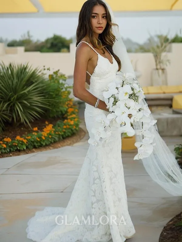 Trumpet/Mermaid Spaghetti Straps Sleeveless Sweep Train Flair Lace Wedding Dress