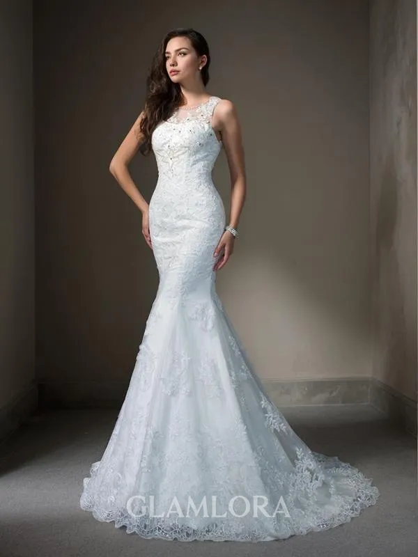 Trumpet/Mermaid Scoop Sleeveless Court Train Figure-hugging Lace Wedding Dress With Applique