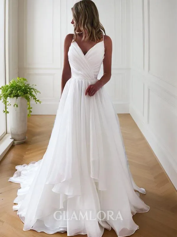 Chic A-line V-Neck Sleeveless Court Train Organza Wedding Dress
