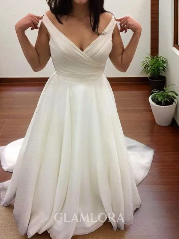 A-line Stylish V-Neck Sleeveless Sweep Train Chiffon Wedding Dress With Ruffles