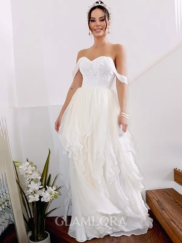 A-line Off-the-Shoulder Simple Sleeveless Floor-Length Chiffon Wedding Dress With Ruched