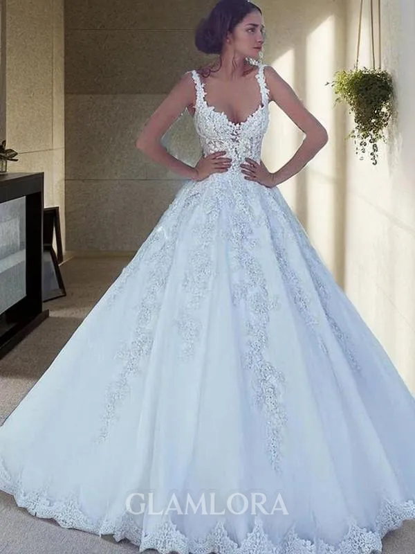 Ball-Gown Princess Spaghetti Straps Sleeveless Sweep Train Romantic Tulle Wedding Dress With Applique