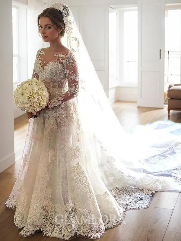 A-line Princess Bateau Long Sleeves Chapel Train Sophisticated Tulle Wedding Dress With Lace