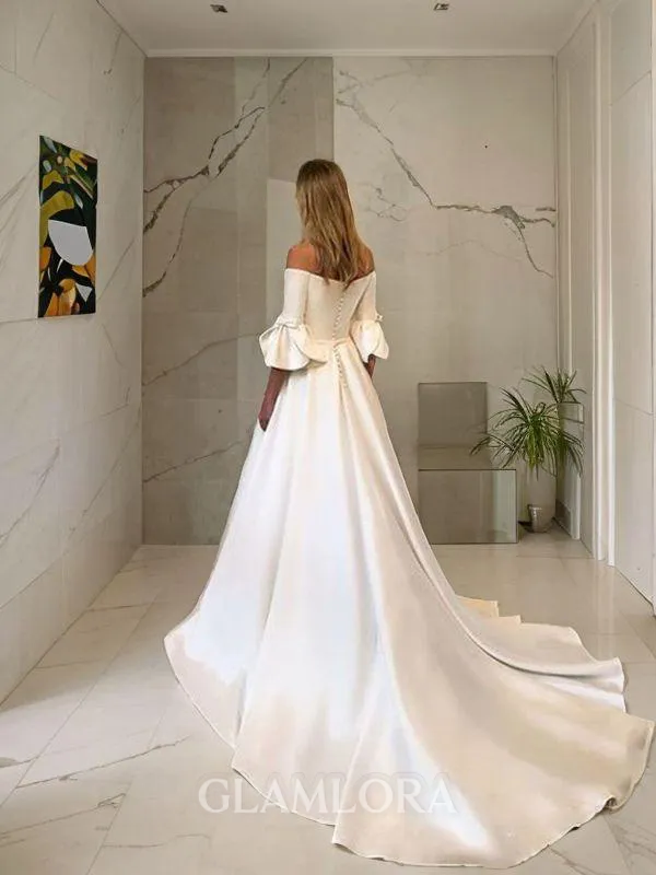 A-line Flowing Off-the-Shoulder 3/4 Sleeves Court Train Charmeuse Wedding Dress With Ruffles