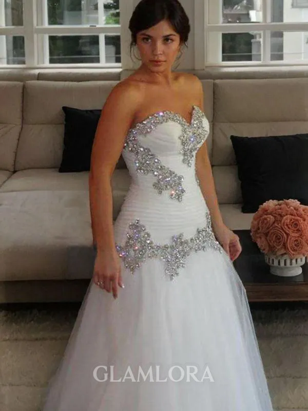 A-line Princess Sweetheart Sleeveless Beautiful Floor-Length Tulle Wedding Dress With Rhinestone
