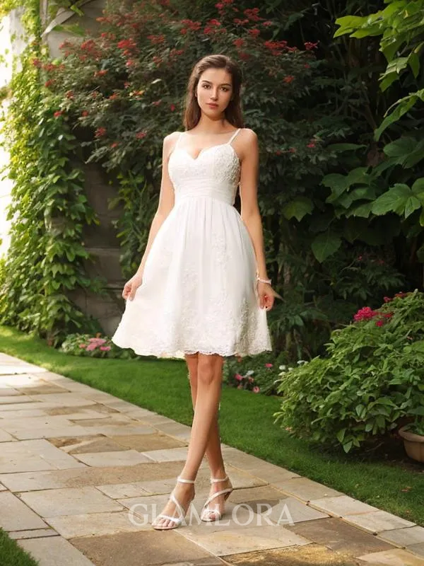 A-line Spaghetti Straps Sleeveless Knee-Length Subtle Lace Wedding Dress With Applique