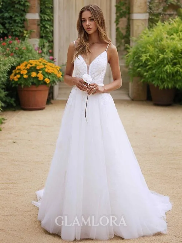 A-line V-Neck Sleeveless Sweep Train Lace Delicate Wedding Dress