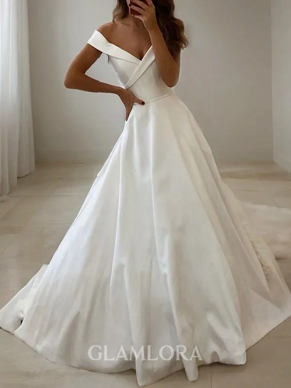 Balanced A-line Off-the-Shoulder Sleeveless Sweep Train Satin Wedding Dress With Ruffles