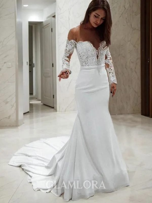 Trumpet/Mermaid Enchanting Off-the-Shoulder Long Sleeves Court Train Chiffon Wedding Dress With Lace