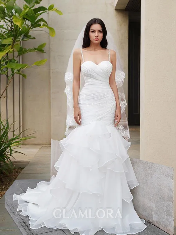 Trumpet/Mermaid Spaghetti Straps Sensual Sleeveless Sweep Train Organza Wedding Dress With Layers
