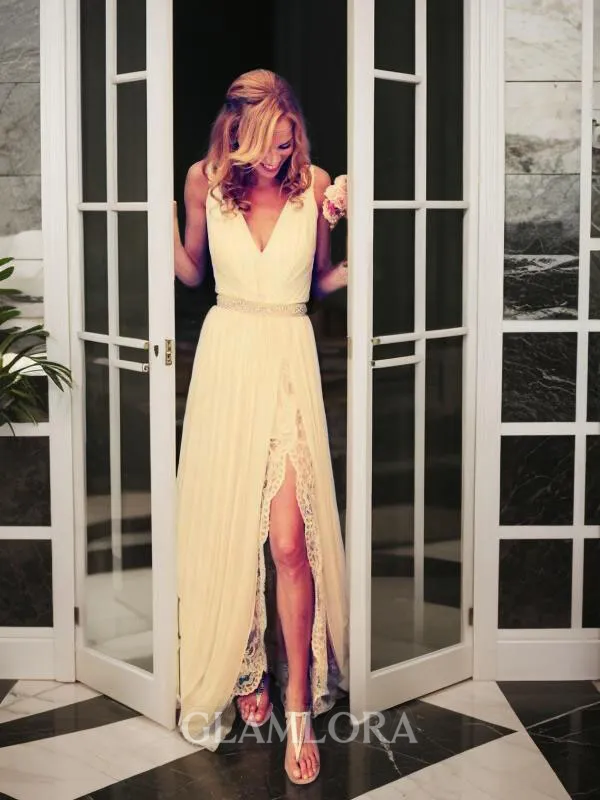 A-line V-Neck Sleeveless Refined Sweep Train Chiffon Wedding Dress With Slit