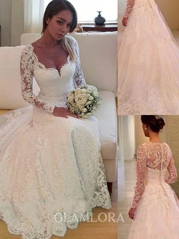 Ball-Gown Princess V-Neck Long Sleeves Court Train Tulle Exquisite Wedding Dress With Lace