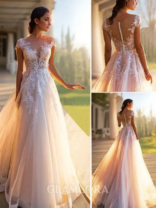 A-line Princess Chic Bateau Short Sleeves Sweep Train Tulle Wedding Dress With Applique