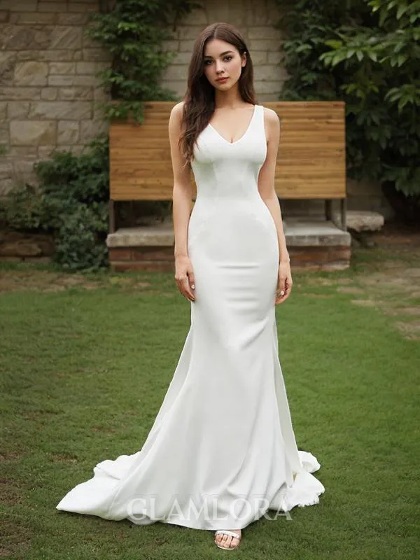 Sheath/Column V-Neck Sleeveless Empowering Sweep Train Stretch Crepe Wedding Dress With Ruffles