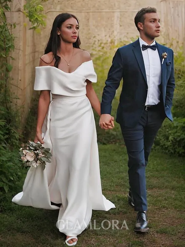 Sheath/Column Off-the-Shoulder Short Sleeves Sweep Train Sultry Charmeuse Wedding Dress