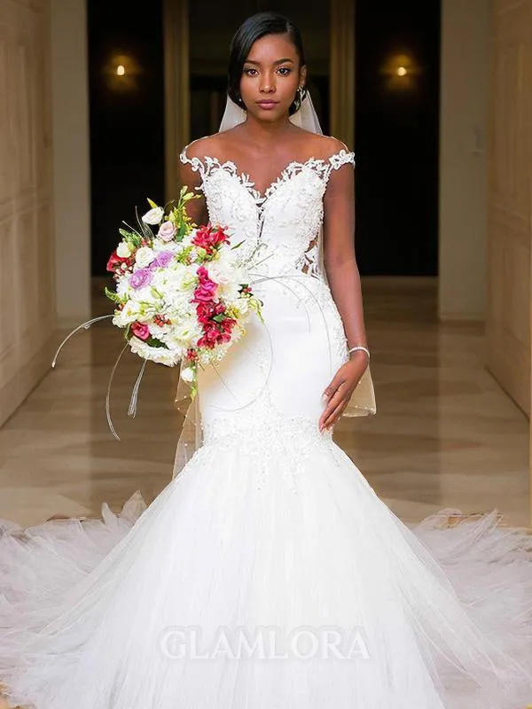 Trumpet/Mermaid Captivating V-Neck Sleeveless Chapel Train Tulle Wedding Dress