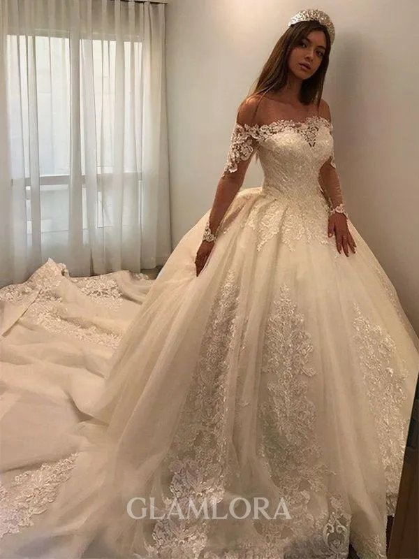 Ball-Gown Princess Off-the-Shoulder Long Sleeves Cathedral Train Ethereal Tulle Wedding Dress With Applique