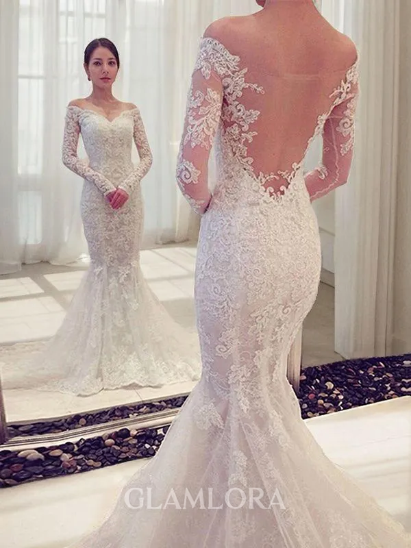 Trumpet/Mermaid Off-the-Shoulder Long Sleeves Sweep Train Head-turning Lace Wedding Dress