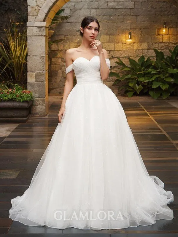 A-line Princess Off-the-Shoulder Trendy Sleeveless Court Train Tulle Wedding Dress With Ruched
