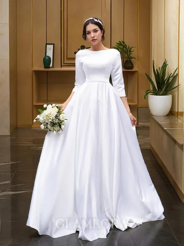 A-line Bateau 3/4 Sleeves Fashion Sweep Train Satin Wedding Dress With Bowknot