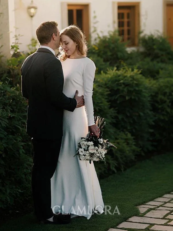 Sheath/Column Jewel Long Sleeves Sweep Train Slinky Stretch Crepe Wedding Dress With Ruffles