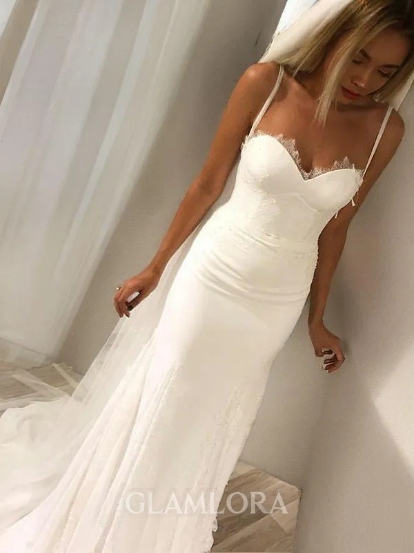 Pretty Sheath/Column Sweetheart Sleeveless Sweep Train Lace Wedding Dress