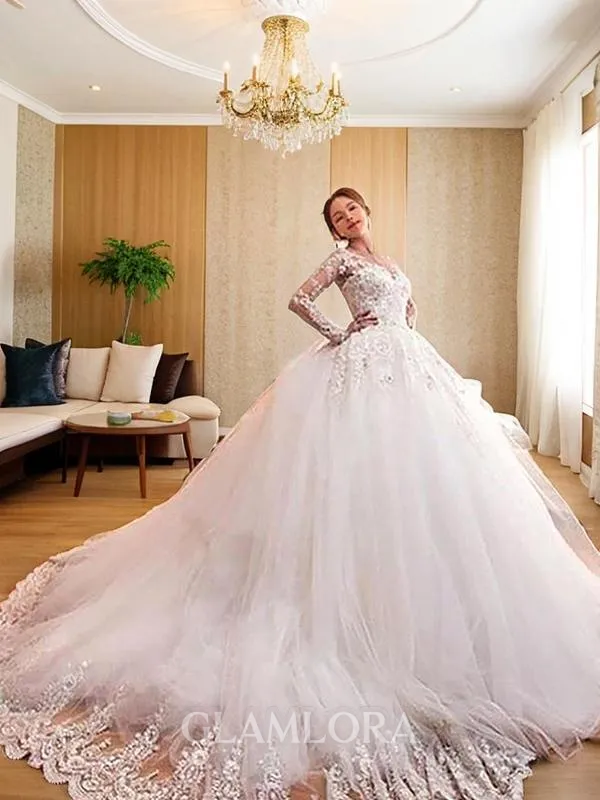 Ball-Gown Princess V-Neck Breathtaking Long Sleeves Court Train Tulle Wedding Dress