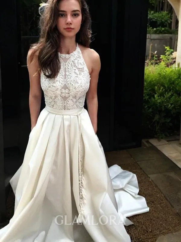 A-line Halter Sleeveless Sweep Train Satin Charming Wedding Dress With Pockets