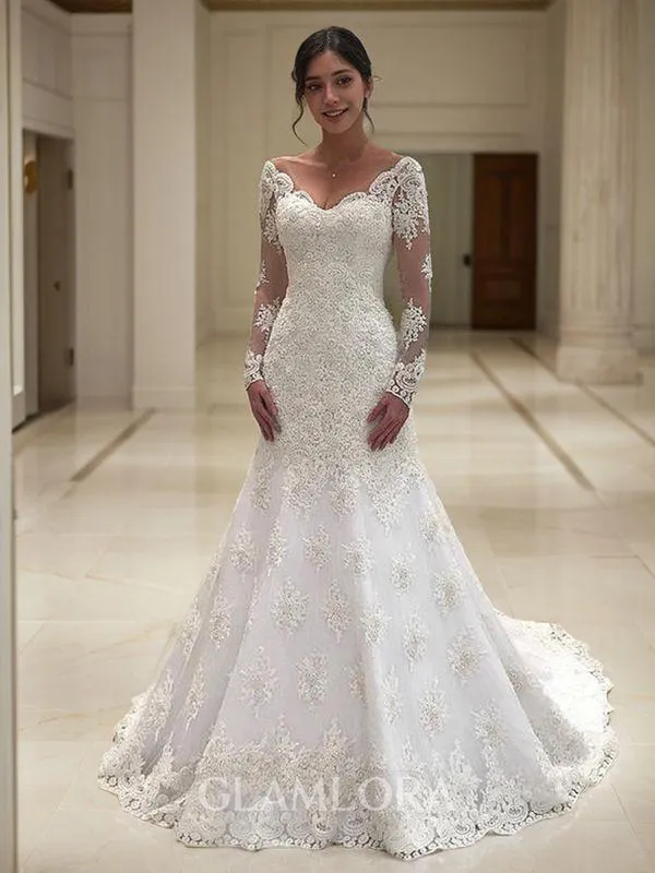 A-line V-Neck Long Sleeves Dazzling Court Train Lace Wedding Dress With Applique