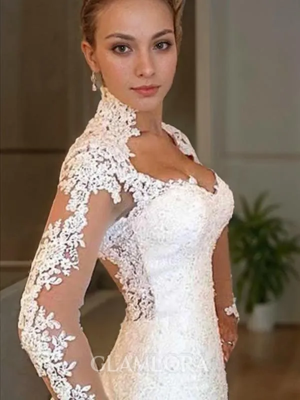 Trumpet/Mermaid V-Neck Long Sleeves Sweep Train Curvaceous Lace Wedding Dress With Applique