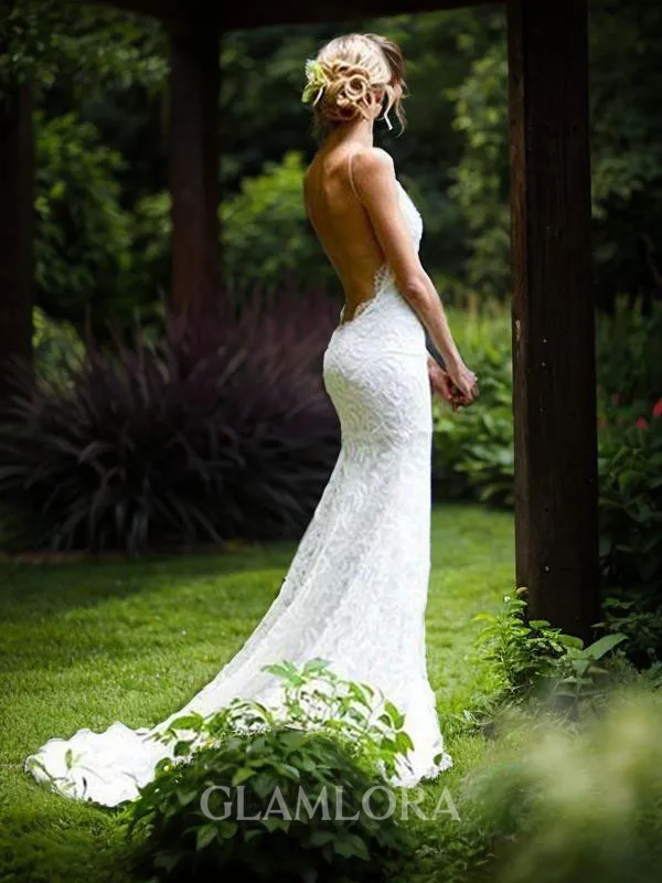 Sheath/Column V-Neck Sleeveless Court Train Open Back Hot Lace Wedding Dress
