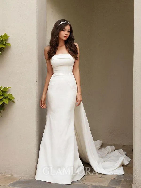 Delicate Sheath/Column Strapless Sleeveless Court Train Satin Wedding Dress With Ruched