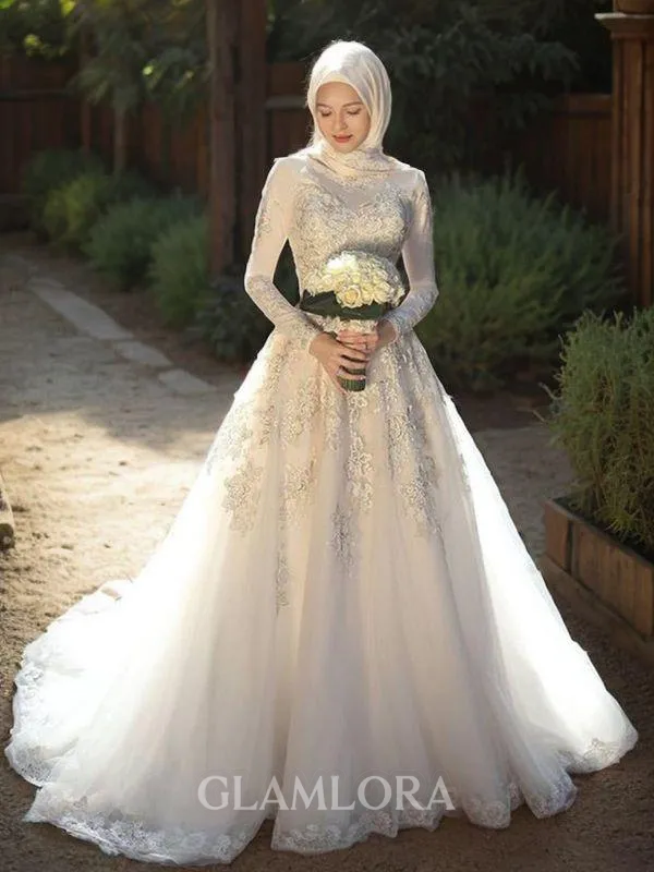 Ball-Gown Princess Jewel Cinderella Long Sleeves Sweep Train Tulle Wedding Dress With Applique