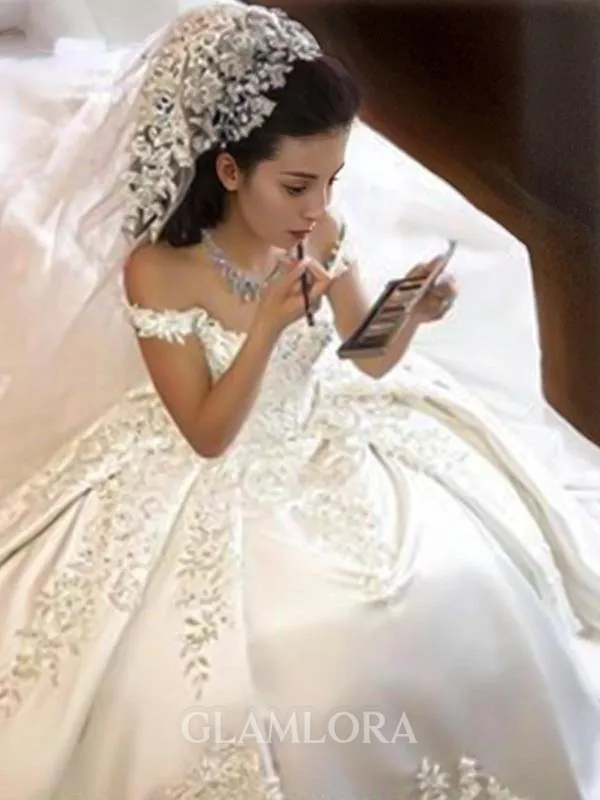 Ball-Gown Off-the-Shoulder Sleeveless Resplendent Sweep Train Satin Wedding Dress With Applique