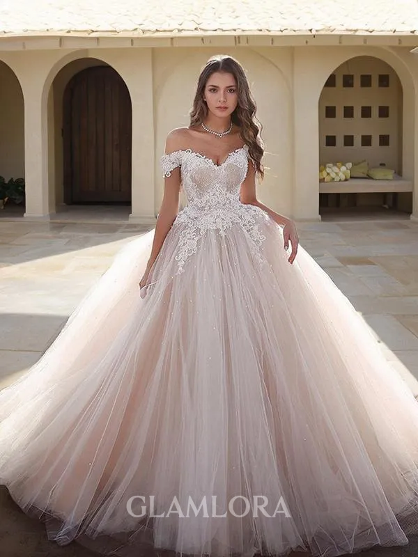 Ball-Gown Princess Off-the-Shoulder Sleeveless Floor-Length Cute Tulle Wedding Dress With Applique