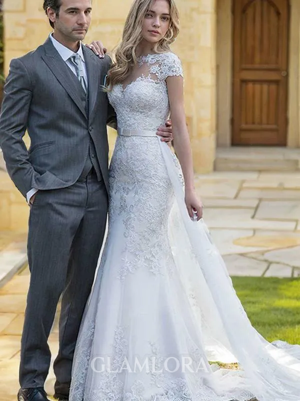 Trumpet/Mermaid Bateau Short Sleeves Sweep Train Dramatic Tulle Wedding Dress With Sash