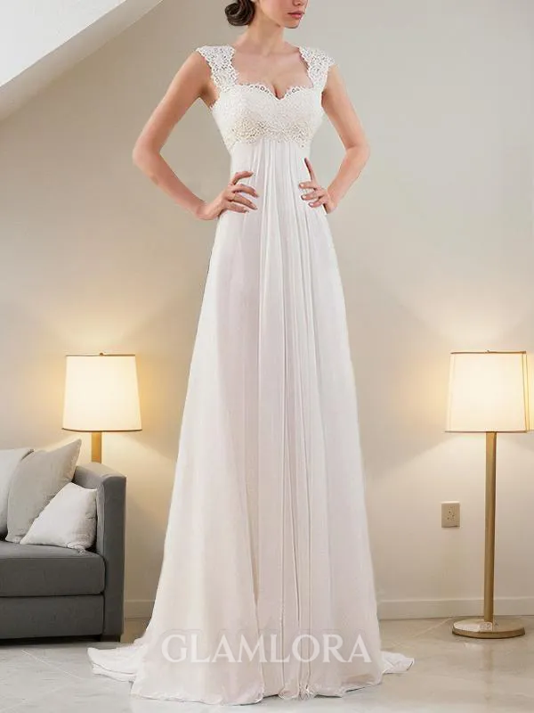 Elegant Empire Bateau Sleeveless Sweep Train Chiffon Wedding Dress With Lace