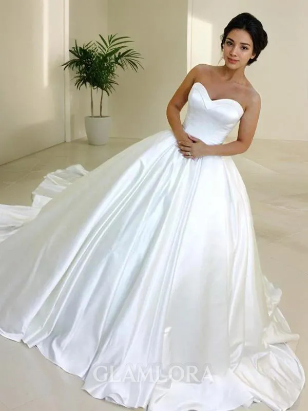 Ball-Gown Sweetheart Gorgeous Sleeveless Cathedral Train Satin Wedding Dress With Sash