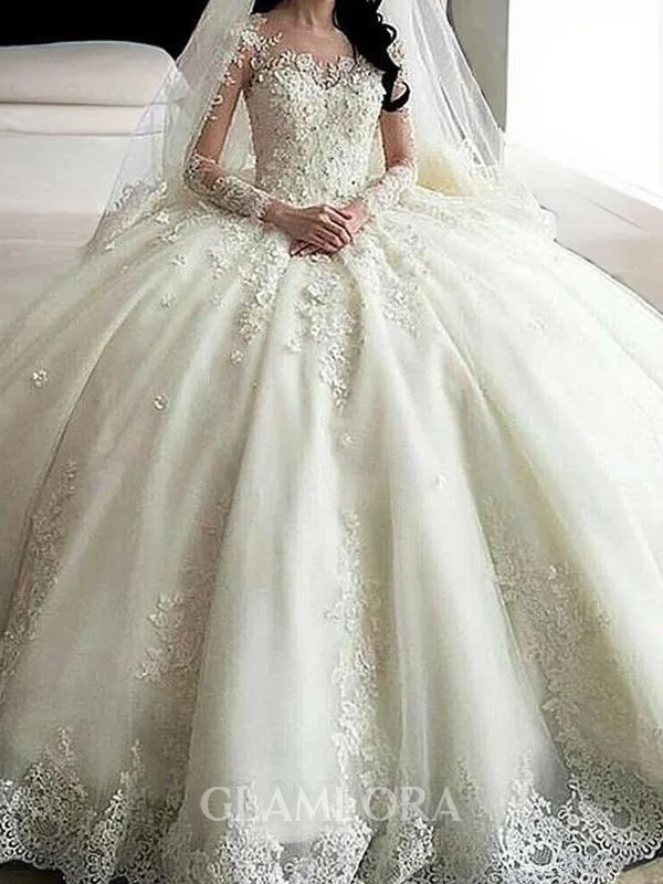 Ball-Gown Princess Scoop Long Sleeves Cathedral Train Pretty Tulle Wedding Dress With Applique