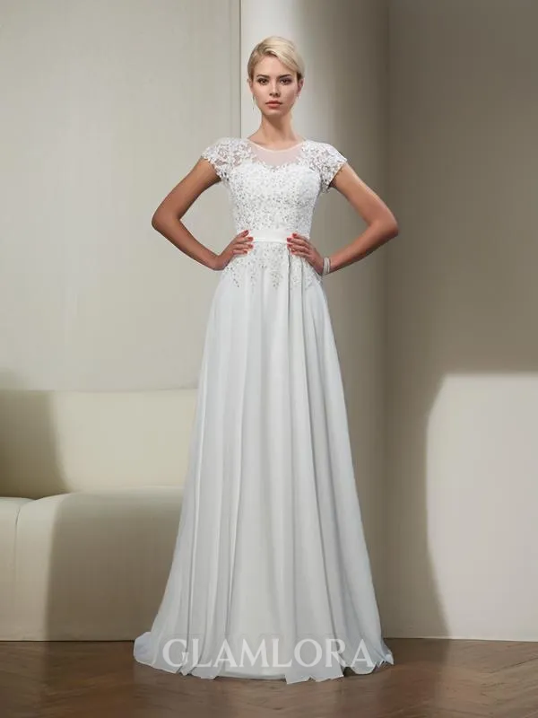 Classic A-line Sheer Neck Short Sleeves Sweep Train Chiffon Wedding Dress With Applique