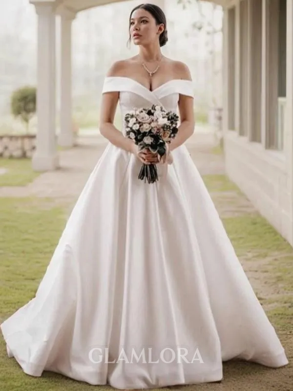 A-line Off-the-Shoulder Modest Sleeveless Sweep Train Satin Wedding Dress
