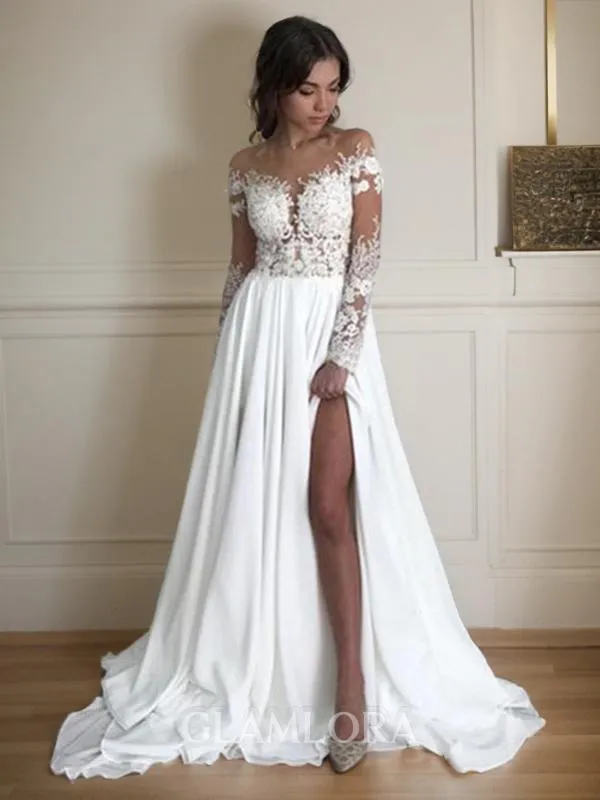 A-line Scoop Long Sleeves Sweep Train Chic Chiffon Wedding Dress With Slit