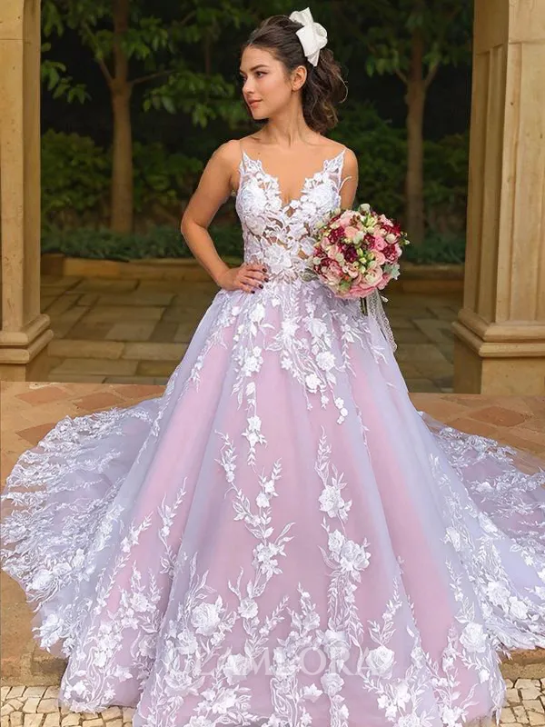 Ball-Gown V-Neck Sleeveless Chapel Train Dreamy Lace Wedding Dress