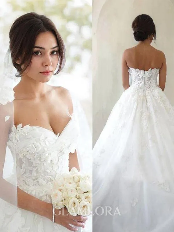 Ball-Gown Princess Sweetheart Sleeveless Sweep Train Tulle Glam Wedding Dress With Applique