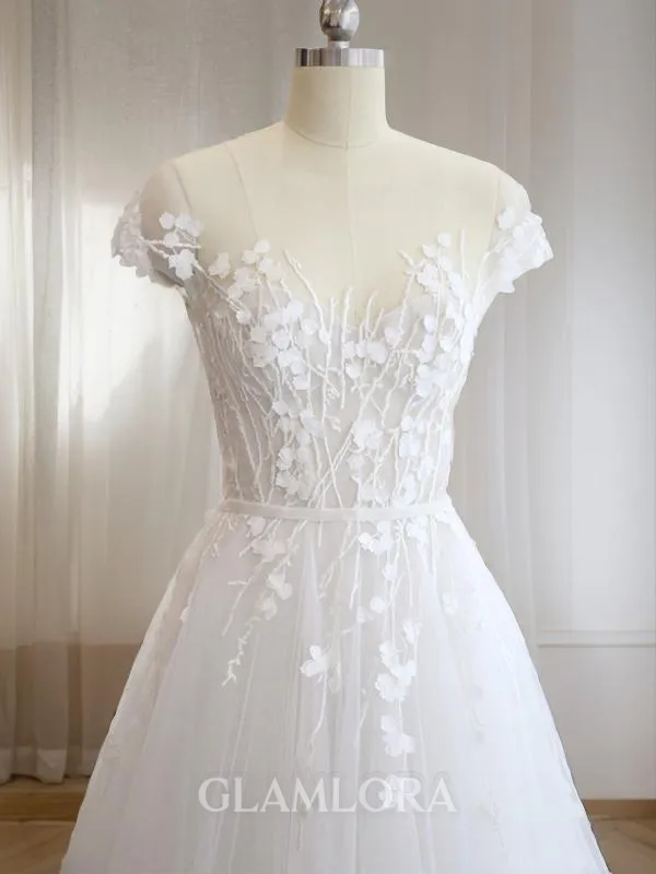A-line Stylish V-Neck Short Sleeves Court Train Chiffon Wedding Dress